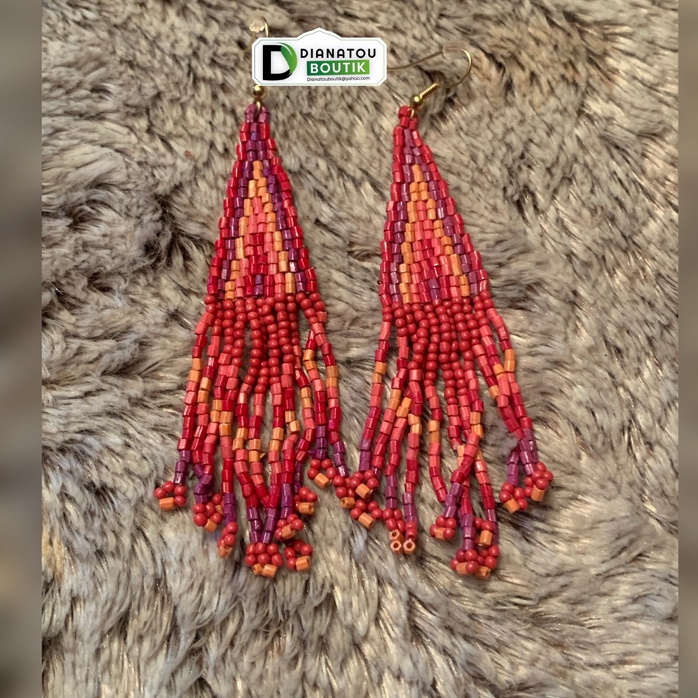 Long Beaded Red and Orange Handmade Dangle Earrings